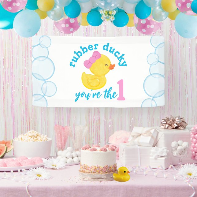 Girl Rubber Ducky 1. Geburtstags-Party Banner (Girl Rubber Ducky 1st Birthday Party Banner for Duck Party Decorations)