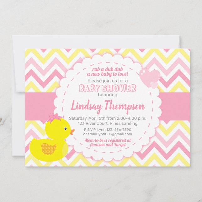 Girl Rubber Ducky Baby Duwer Einladung (Vorderseite)