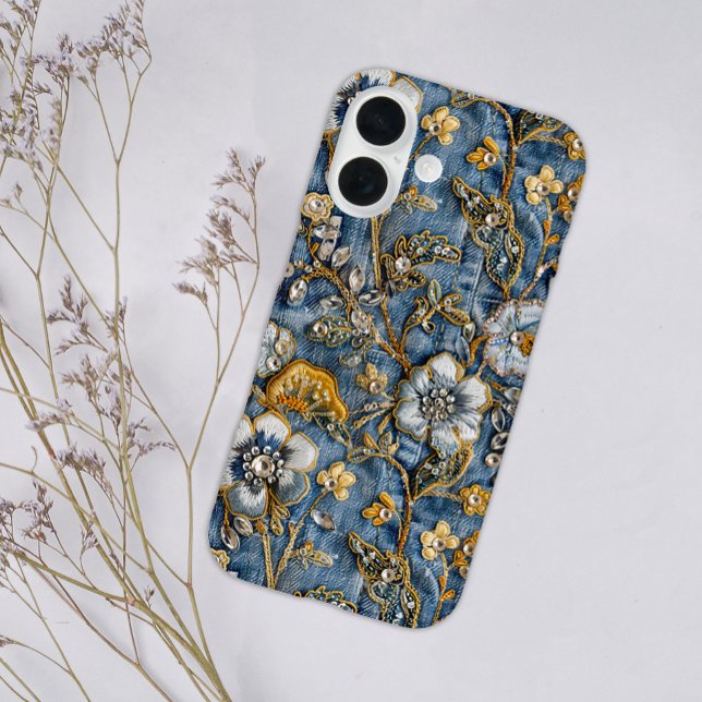 Girl Rustic White Floral bestickt Blue Denim iPhone 16 Hülle (Von Creator hochgeladen)