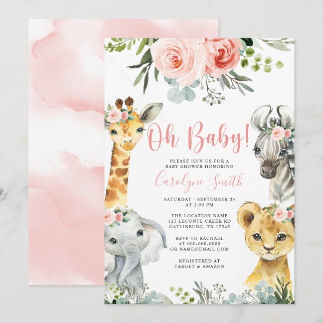 Girl Safari Animal Baby shower Invitation Verdure (Devant / Derrière)