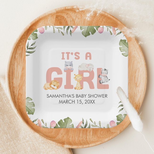 Girl Safari Animal Baby Shower  Pappteller (Safari Jungle Animals Baby Shower Paper Plate)