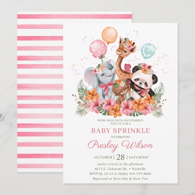 Girl Safari Animals Baby Sprinkle Einladung (Vorne/Hinten)