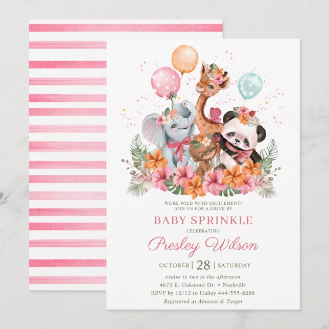 Girl Safari Animals Baby Sprinkle Einladung (Vorne/Hinten)