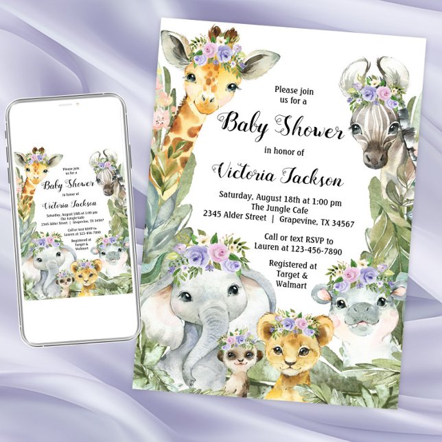 Girl Safari Baby Dusche Lila Einladung (Girl purple safari baby shower invitation. Instant download and printed invitations available.)