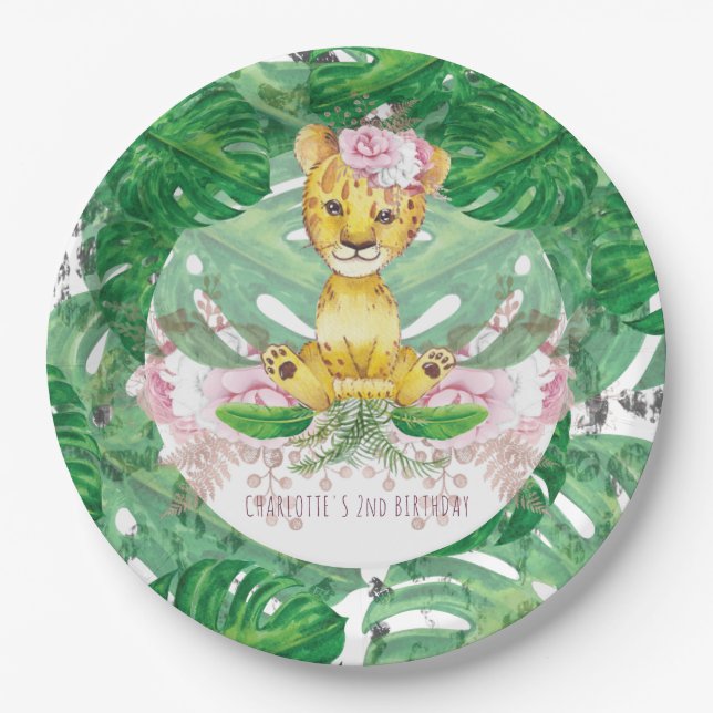 Girl Safari Lion Illustration Personalisiert Pappteller (Vorderseite)