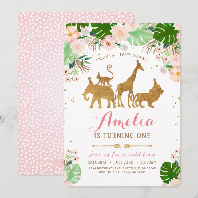 Girl Safari Pink Gold Einladung zum Geburtstag (Vorne/Hinten)