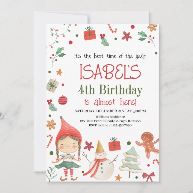 Girl Santa Elf Birthday Einladung (Vorderseite)
