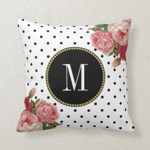 Girl-Schwarz-weiße Dosen Vintag Floral Monogramm Kissen
