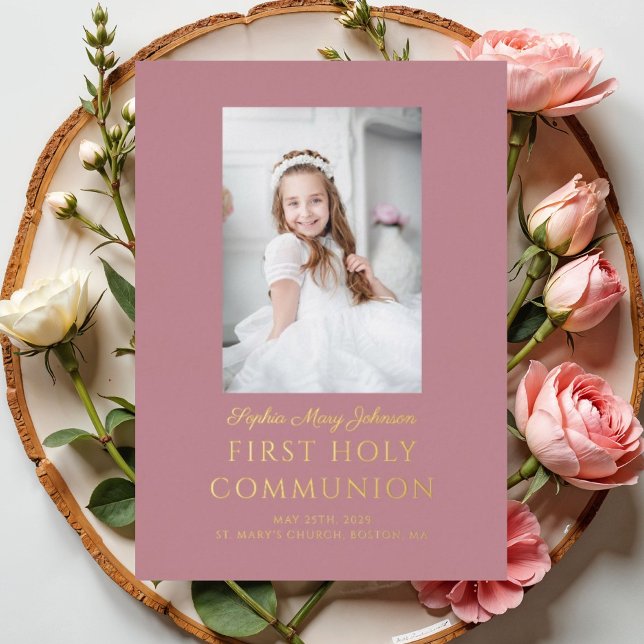 Girl Script Photo First Holy Communion Rose Gold Folieneinladung (Pink Photo Girl First Communion Rose Gold Foil Invitation)