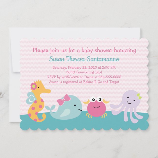 Girl Sea Animals Ocean Life Kinderdusche Einladung (Vorderseite)
