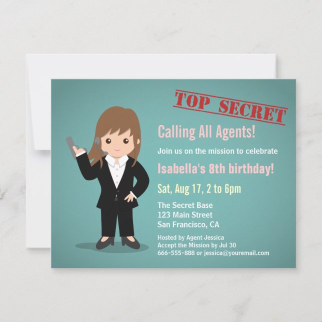 Girl Secret Agent Geburtstagsparty Einladung (Vorderseite)
