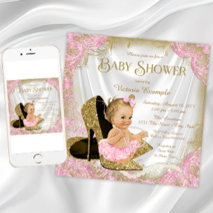 Girl Shoe Pink Gold Glitzer Pearl Baby Dusche Einladung
