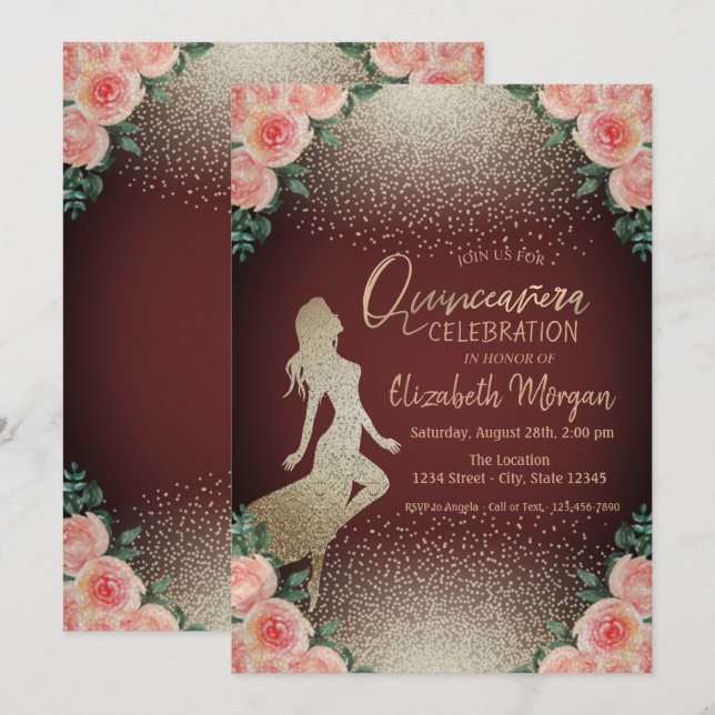 Girl-Silhouette, Confetti Floral Quinceñera Einladung (Vorne/Hinten)