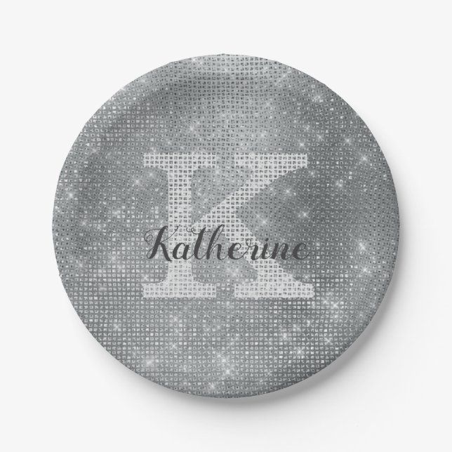 Girl Silver Glitzer Glam Sparkle Monogram Name Pappteller (Vorderseite)