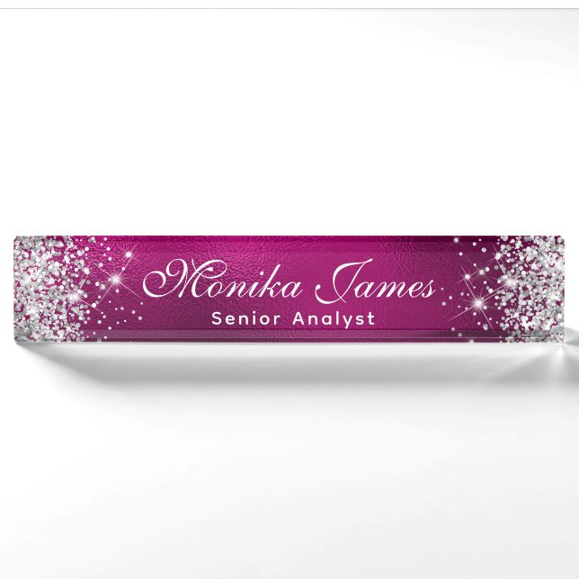 Girl Silver Glitzer Hot Pink Foil Ombre Custom Namensplakette (Vorderseite)