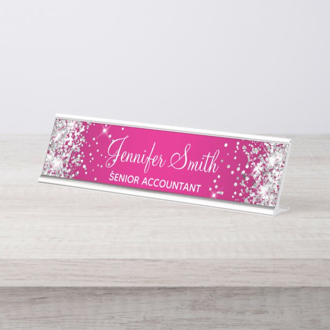 Girl Silver Glitzer Hot Pink Gradient Schreibtischnamensplakette (Vorderseite )