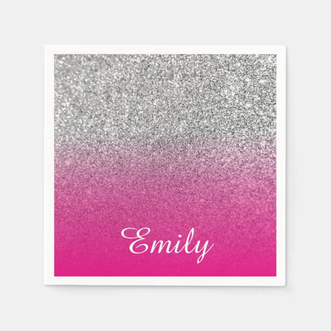 Girl Silver Glitzer Hot Pink Personalisiert Serviette (Vorderseite)
