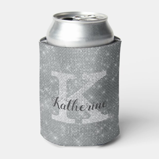 Girl Silver Glitzer Sparkle Glam Monogram Name Dosenkühler (Kanne Vorderseite)