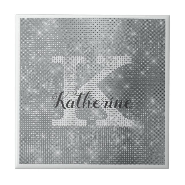 Girl Silver Glitzer Sparkle Glam Monogramm Name Fliese (Vorderseite)