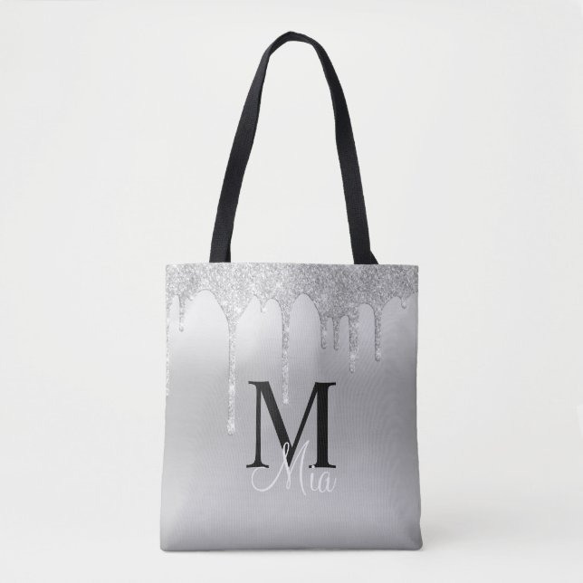 Girl Silver Gray Sparkle Glitzer Monogram Tasche B (Vorderseite)