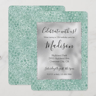 Girl Silver Mint Glitzer Glitz Leopard Einladung