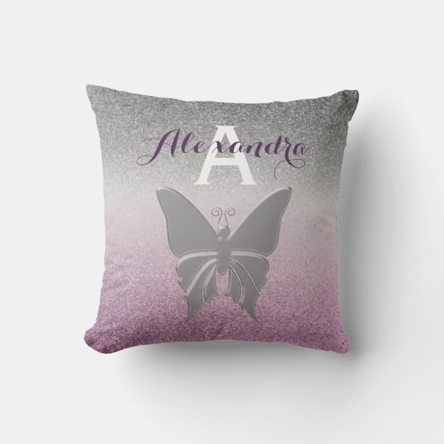 Girl Silver und Lila Mit Monogramm Kissen (Vorderseite)