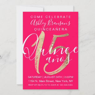 Girl Simple Neon Pink Gold Fossilien Quinceñera Einladung