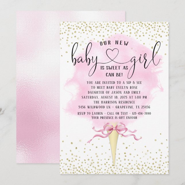 Girl Sip und sehen Cotton Candy Baby Dusche Einladung (Vorne/Hinten)
