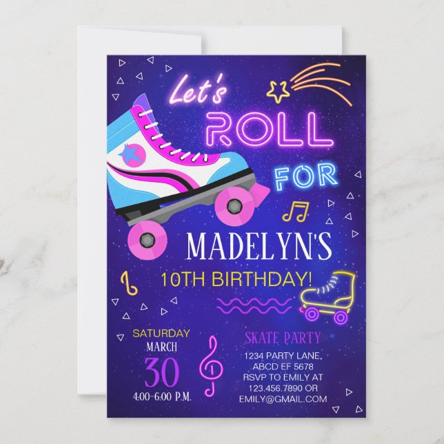 Girl Skate Let's Roll Birthday Einladung (Vorderseite)