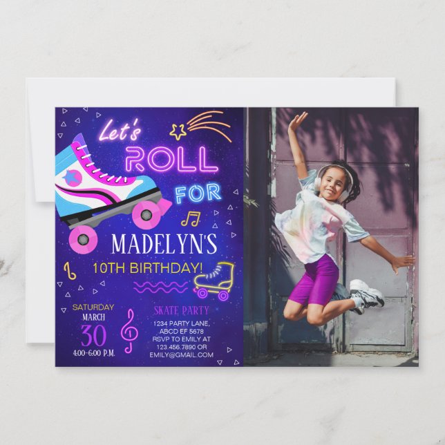 Girl Skate Let's Roll Birthday Foto Einladung (Vorderseite)