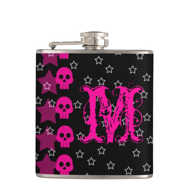 Girl Skull EMO Punk Rocker Monogram Whiskey Flask Flachmann (Vorderseite)