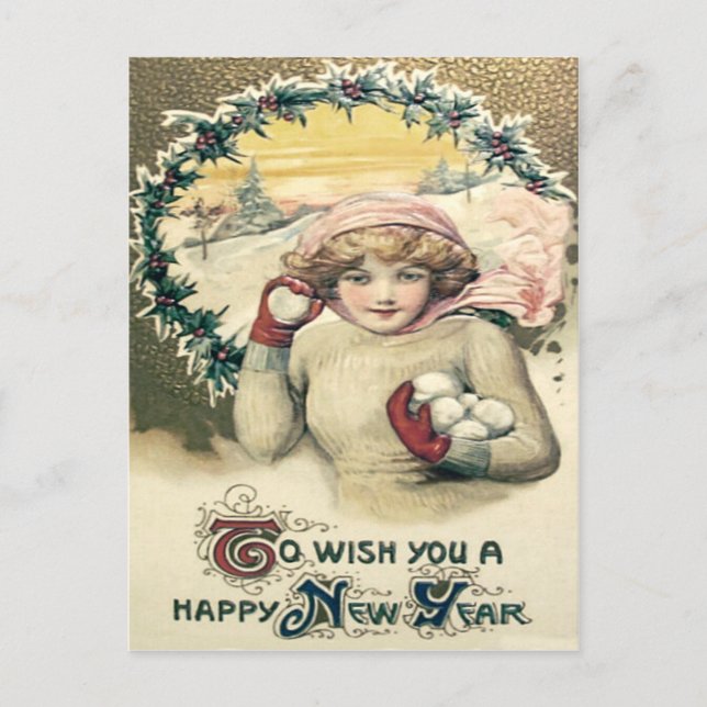 Girl Snowball Snow Holly Wreath Postkarte (Vorderseite)