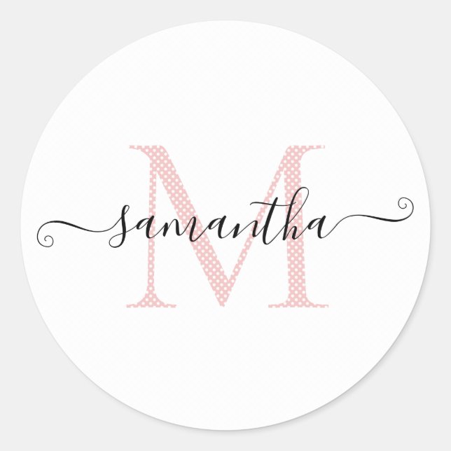 Girl Soft Pink und White Polka Dot Monogramm Runder Aufkleber (Vorderseite)