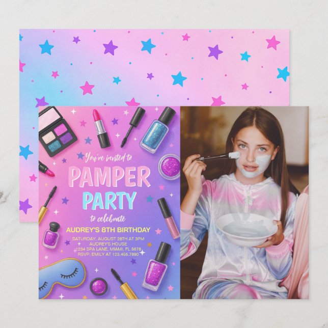 Girl Spa Pamper Party Birthday Photo Invitation (Devant / Derrière)