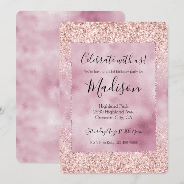 Girl-Sparkle-Rosa-Glitzer Einladung (Vorne/Hinten)