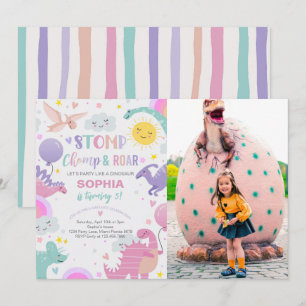 Girl Stomp Chomp & Roar Dinosaur Geburtstags-Foto Einladung