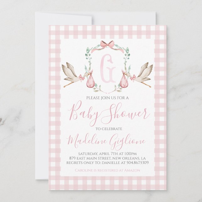Girl Stork Baby Shower Preppy Gingham Pink Einladung (Von Creator hochgeladen)