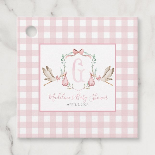 Girl Stork Pink Gingham Gefälteags Geschenkanhänger (Vorderseite)