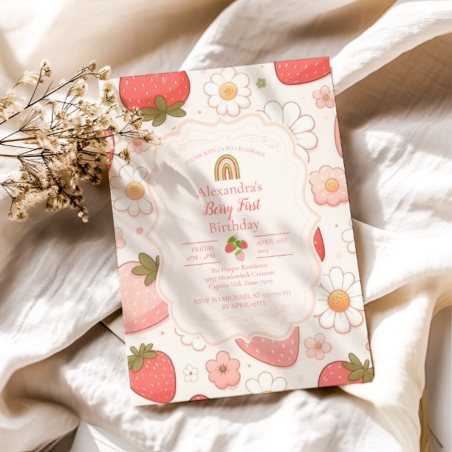 Girl Strawberry Berry Erster Geburtstag Party Einladung (Von Creator hochgeladen)