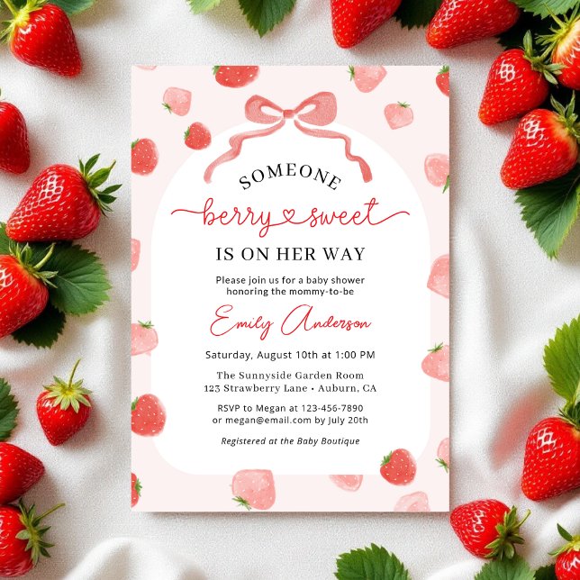 Girl Strawberry Berry Sweet Bow Baby Dusche Einladung (Von Creator hochgeladen)