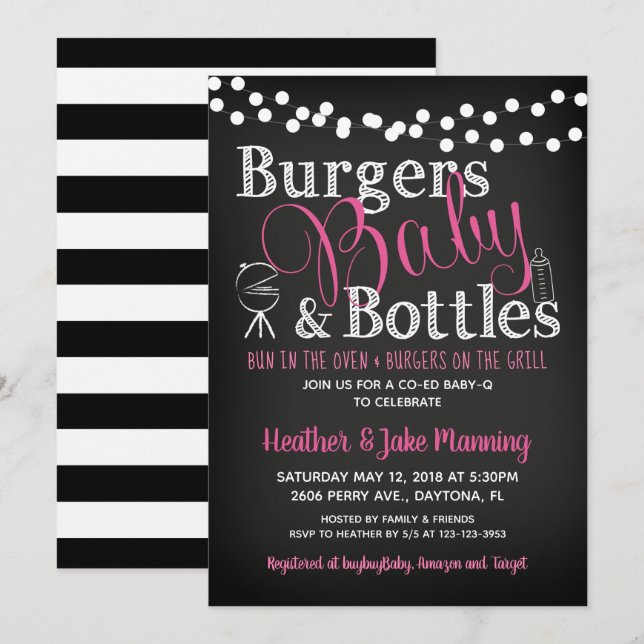 Girl Stripe Chalkboard GRILLEN Baby Dusche Einladung (Vorne/Hinten)