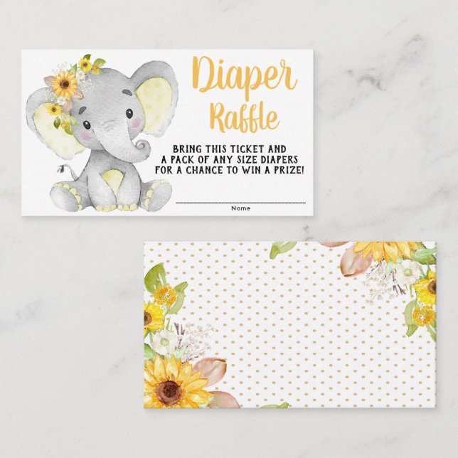 Girl Sunflower Elephant Diaper Raffle Tickets (Vorne/Hinten)