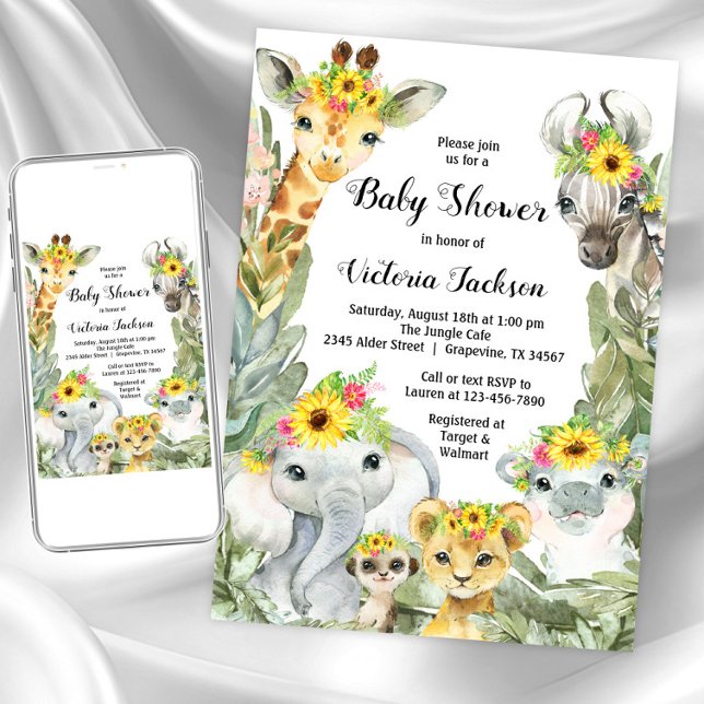 Girl Sunflower Safari Baby Dusche Einladung (Girl sunflower safari baby shower invitation. Instant download and printed invitations available.)