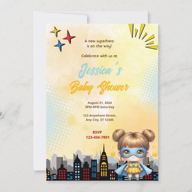 Girl Superhero Baby Dusche Einladung (Vorderseite)