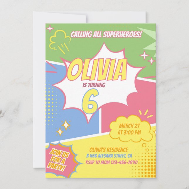 Girl Superhero Invitation Anniversaire Pastel Pink (Devant)