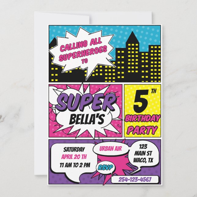 GIRL SUPERHEROES BIRTHDAY PARTY INVITATION EINLADUNG (Vorderseite)
