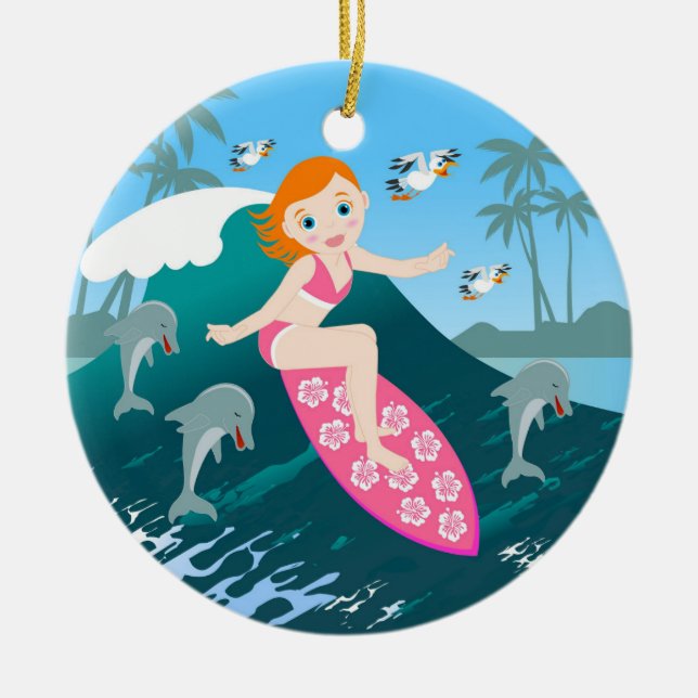Girl Surfing Big Wave with Dolphins Keramikornament (Vorne)