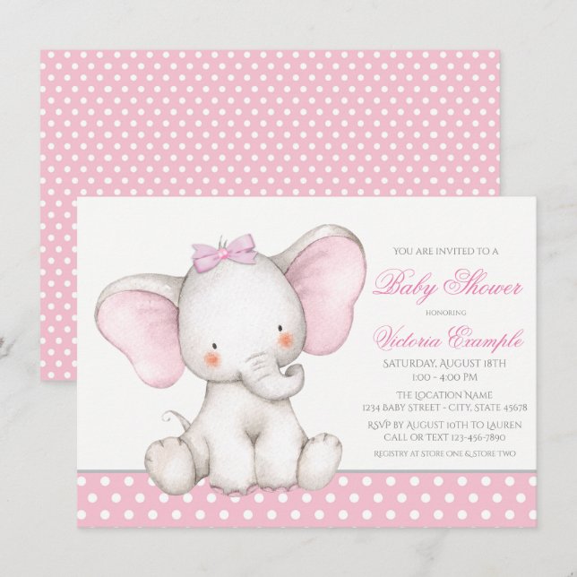 Girl Sweet Elephant Baby Shower Einladungen (Vorne/Hinten)