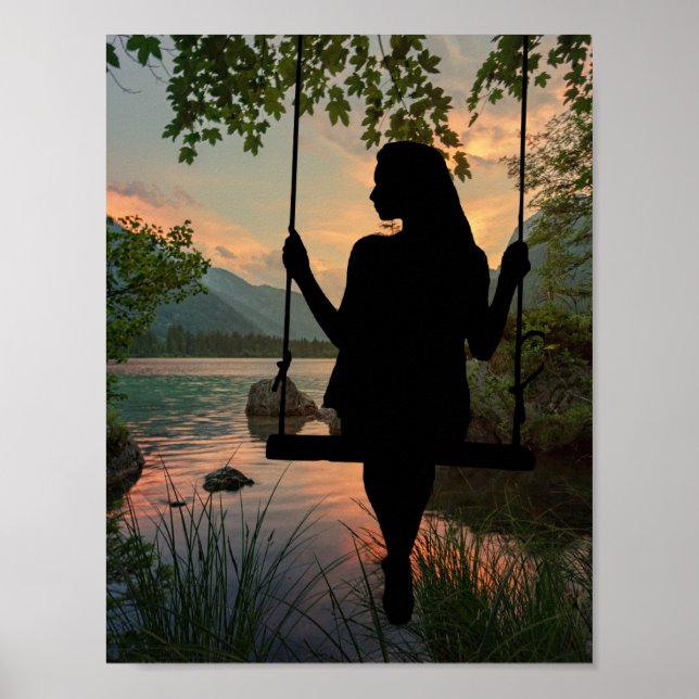 Girl Swinging Silhouette Lake Summer Sunset Poster (Vorne)