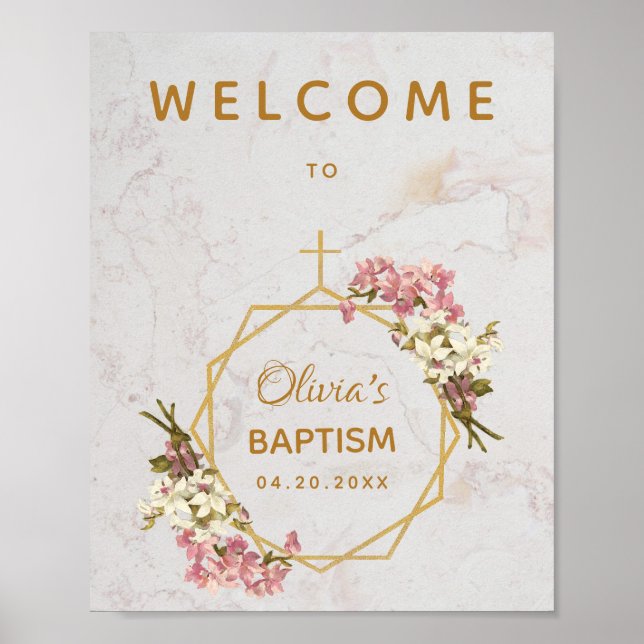 Girl Taufe Blumenmarmor Gold Orchideen Willkommen Poster (Vorne)